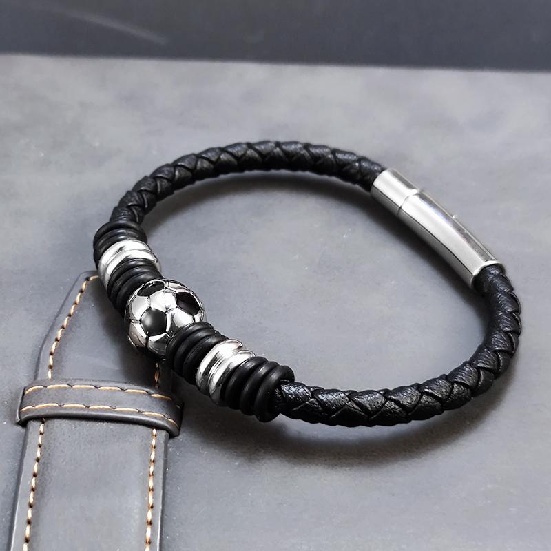 Fashion Stainless Steel Football Geometric Irregular Pattern Single Layer Braid Leather Bracelet Accessories for Men's Jewelry