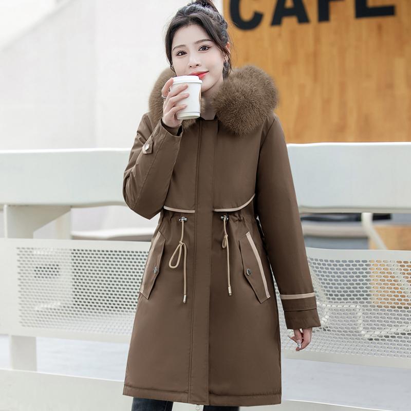 Übergröße M-6XL Winter-Kaltmantel für Damen mit Kapuze und Kunstpelzkragen, abnehmbarer langer Parka, Damenmantel im koreanischen Stil, dicke warme Jacken