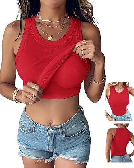 Women S Round Neck Solid Color Tank Top With Built In Bra For Summer