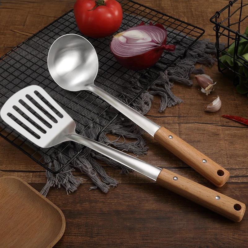 Wooden Handle Wok Spatula 304 Stainless steel spatula cooking Utensils spoon long handle Large Size turner Fried Steak Shovel
