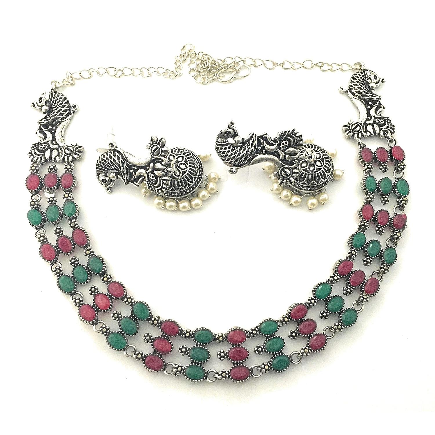 

Ожерелье из окисленного ювелирного изделия в виде павлина из немецкого серебра с 3 линиями камня и шипованным камнем с набором Jhumki / Jhumka для женщин и девочек