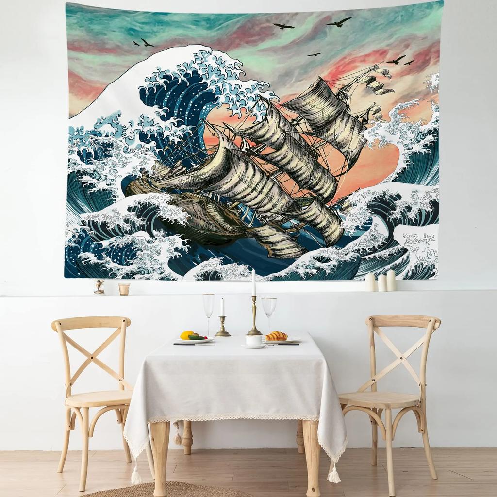 Große Meereswelle Wandteppich Asiatischer Anime Berg Rote Sonne Kirschblüte Wandteppich Zuhause Wohnzimmer Schlafzimmer Wand Moderne Kunst Wandteppiche