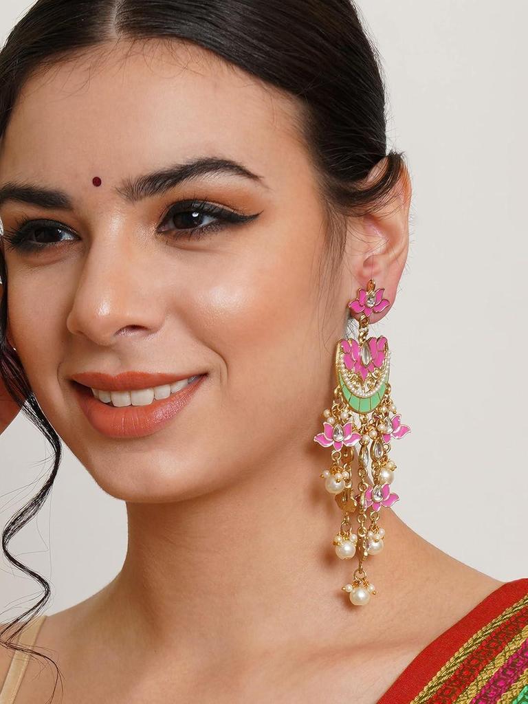 Vergoldete rosa Meena Lotus Design Kundan Hängeohrringe für Damen