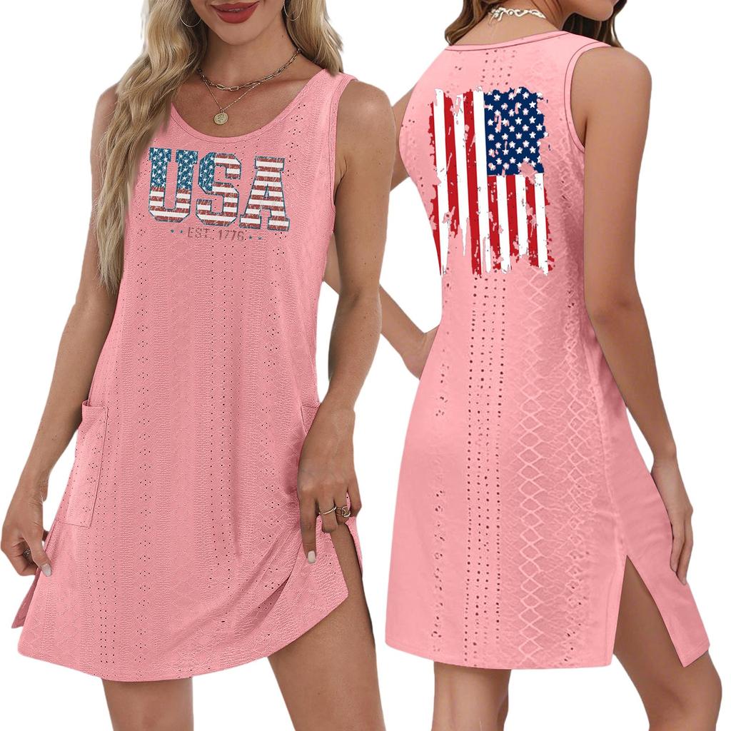 Women's Casual Fashion Breathable Independence Day Printed Pocket Hem Slit Vest Dress