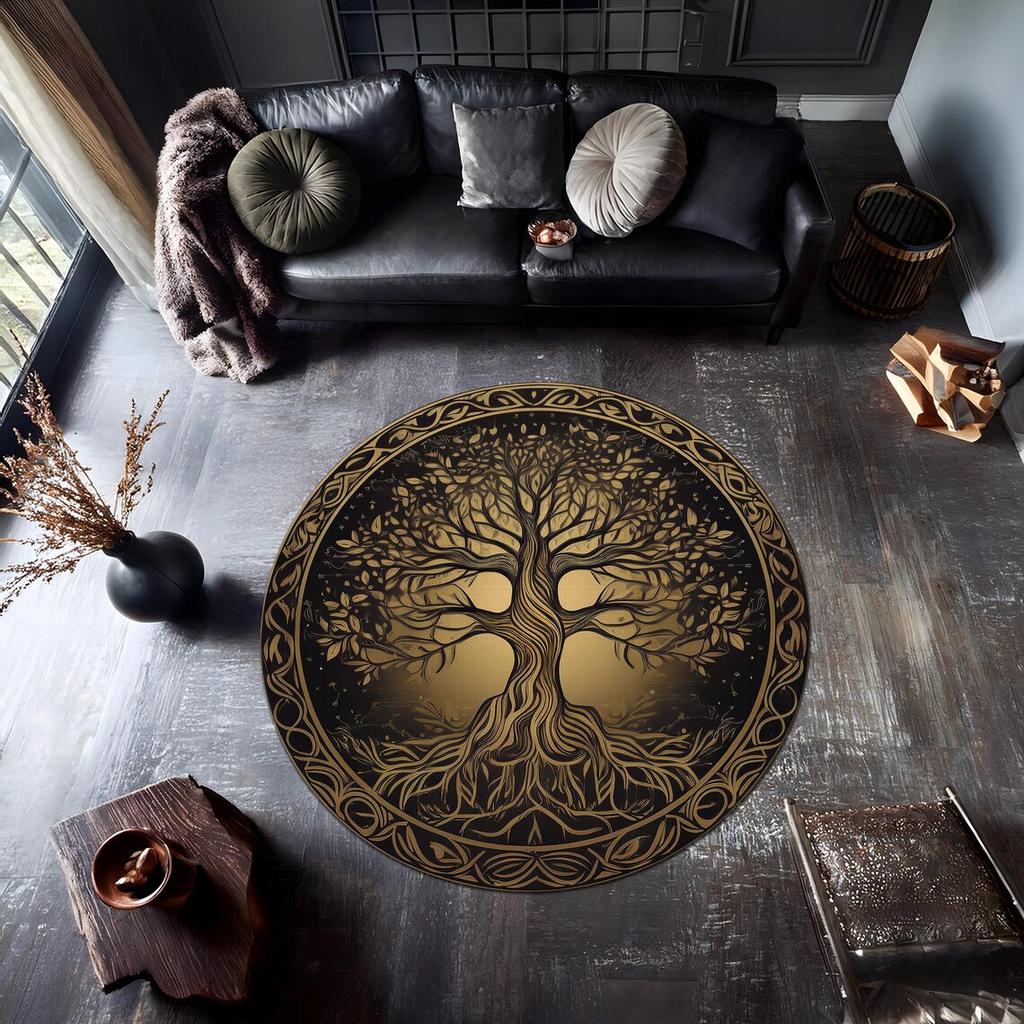 Yin Yang Lebensbaum Runder Teppich, Psychedelischer Runder Teppich mit Tag- und Nacht-Design Teppich, Spirituelle Boho Meditationsmatte
