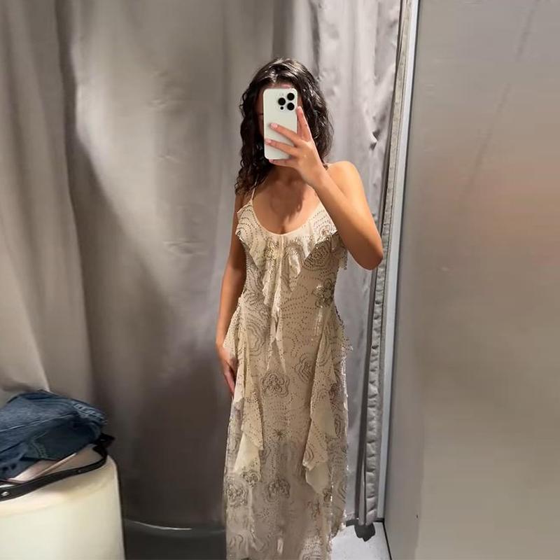 Mesh Sling Dress Women V-neck Diamonds Ruffles Long Dresses Female Backless Sleeveless Spring Summer Casual Lady Holiday Dress