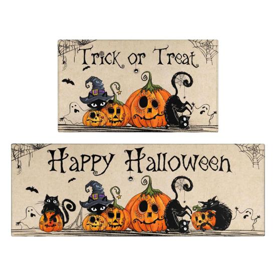 2 Pcs Halloween Rug Bathroom Floor Mat Super Absorbent Quick-Drying Anti-Slip Pumpkin Ghost Print Multipurpose Halloween Party Decoration Kitchen