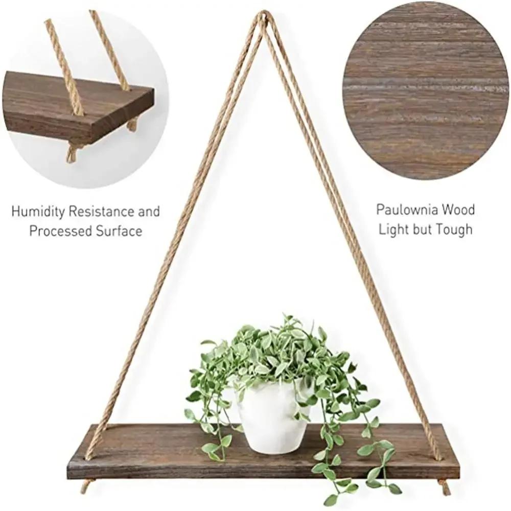 Atmospheric wooden swing hanging rope wall-mounted floating shelf plant flower pot indoor and outdoor decoration simple design