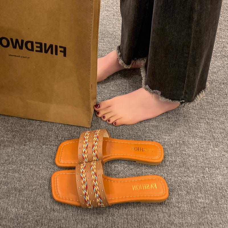 

Тапочки женские 2025 лето новые большой размер квадратный носок плоская подошва плетение один слово простые повседневные пляжные прохладные тапочки 42 жёлтый