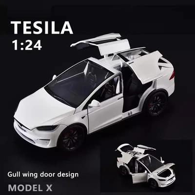 AKW1 New 1:24 Simulation Tesla X Alloy Car Model Sound And Light Pull Back Toy Car Metal Electric Car Boy Collection Decoration Gift