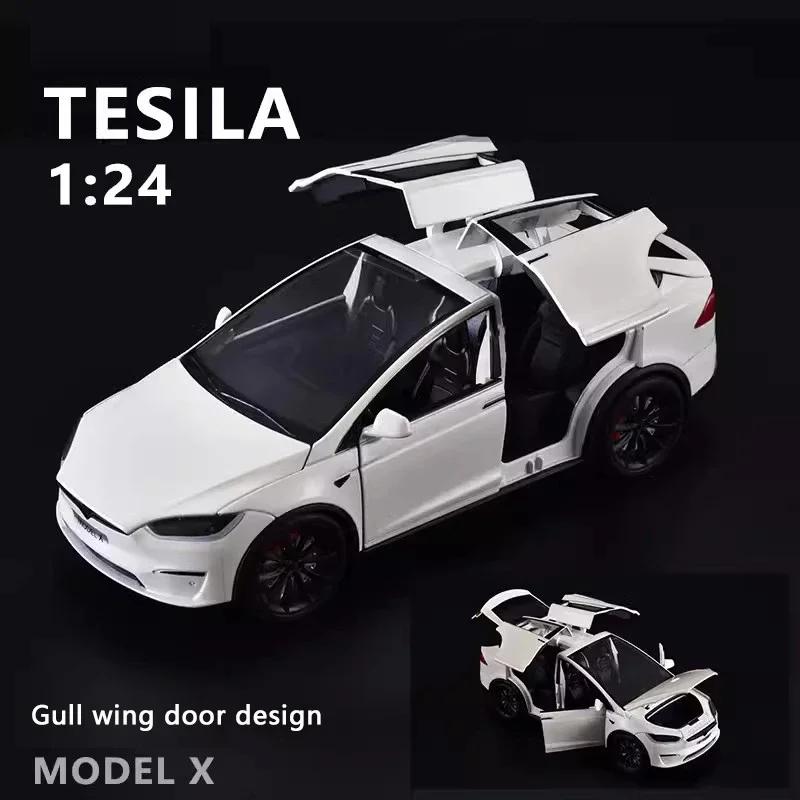 AKW1 New 1:24 Simulation Tesla X Alloy Car Model Sound And Light Pull Back Toy Car Metal Electric Car Boy Collection Decoration Gift
