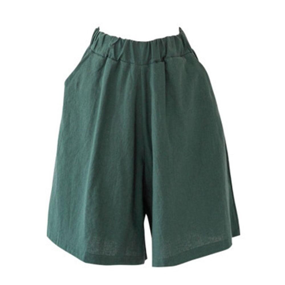 Fashion Elastic Waist Women Fifth Pants Linen Cotton Loose Casual Shorts Wide Leg Plus Size Knee Length Trousers Holiday