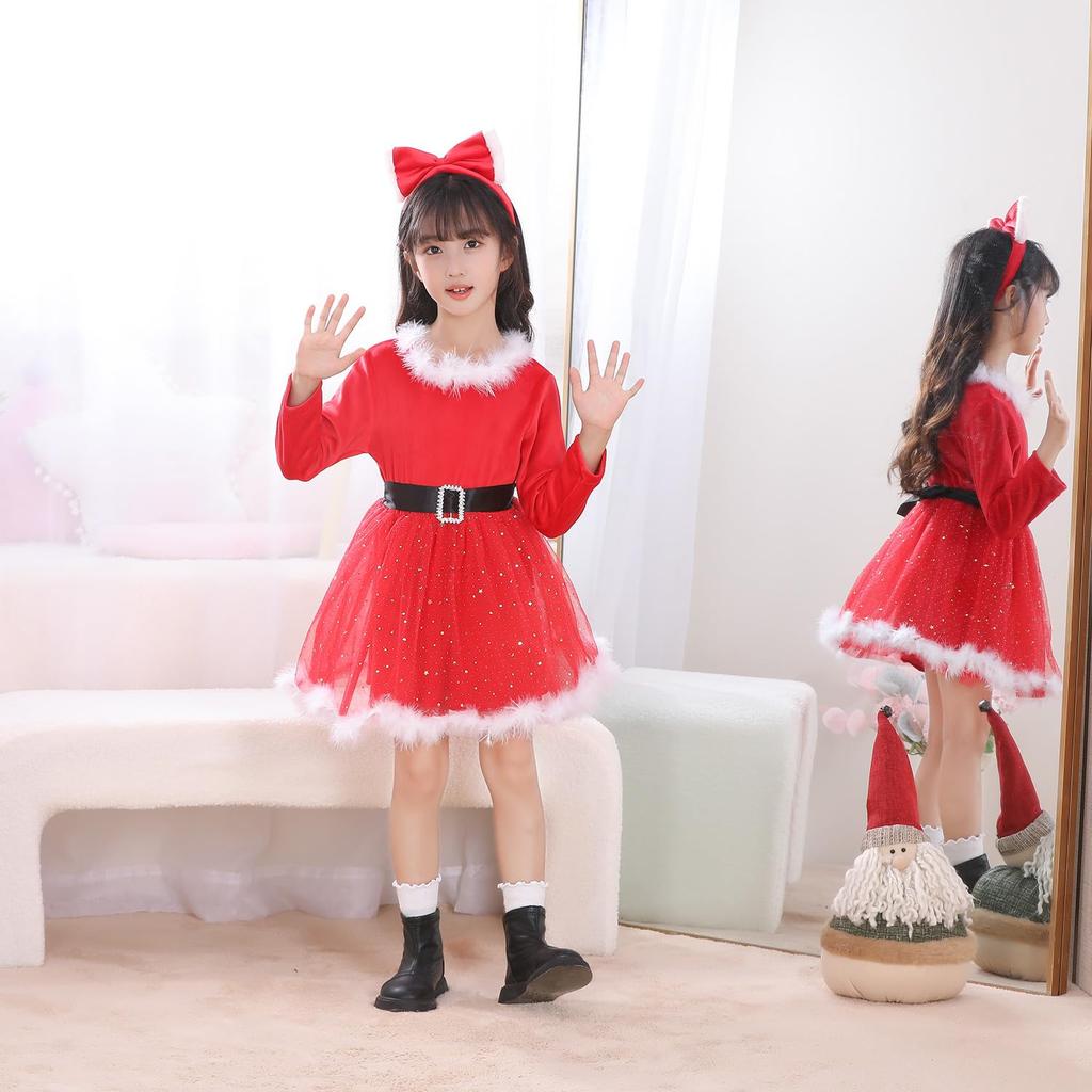 Christmas Santa Dress with Fur Santa Claus Costume 140 [SAVE-Z] Children's Headband, Girls' (Size (Height 120-130cm))