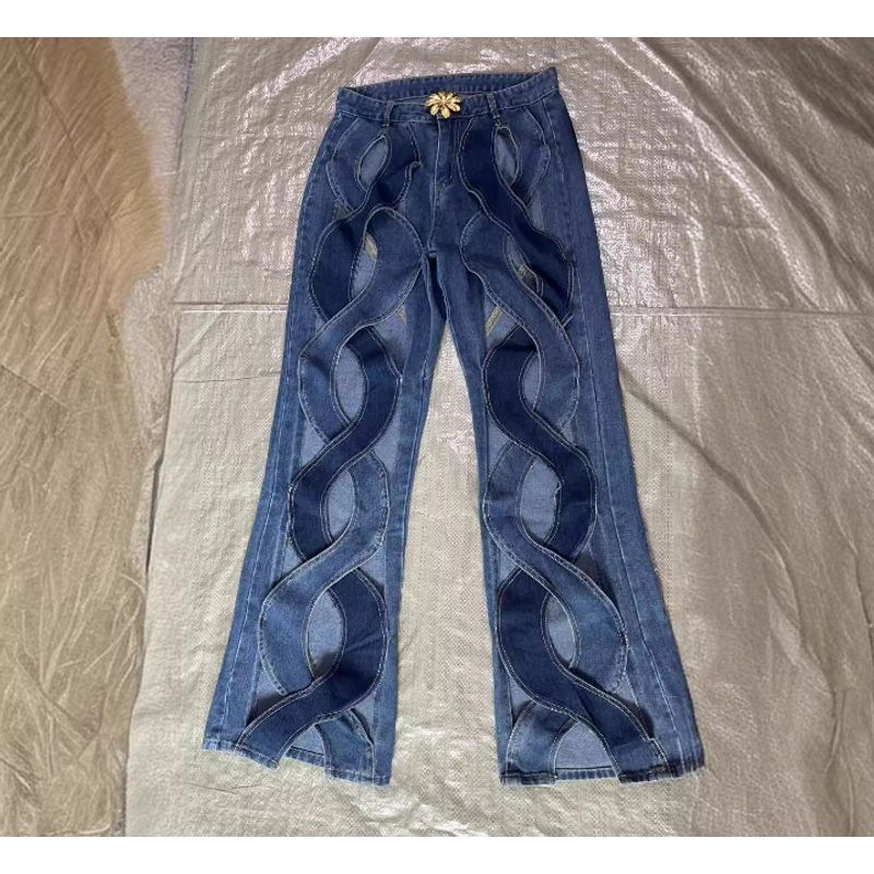 

Европейская и американская мода Повседневные полые прямые джинсы с широкими штанинами Женские джинсы Джинсовые брюки Женские As shown in the figure S