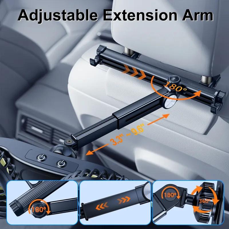 Hipacool Extension Arm Dual-Head Fan for Car Headrest 360° Rotation Air Cooling Fan Angle Adjustable 3-Speed Wind Brushless Fan