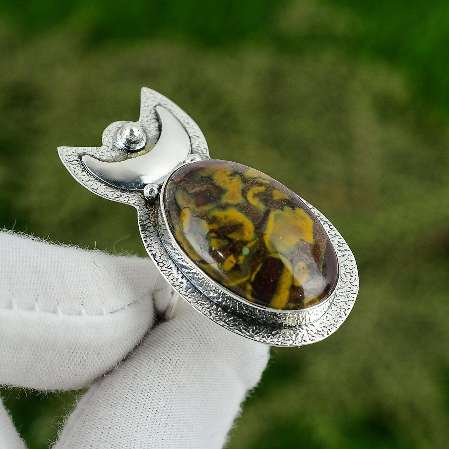 Natural Bamboo Jasper Multi Stone Crescent Moon Adjustable Ring 925 Silver Adjustable