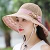 (One Size, Khaki) Women Summer Knit Sun Hat Breathable Crochet Flower Wide Brim Sun Protection Fisherman Cap