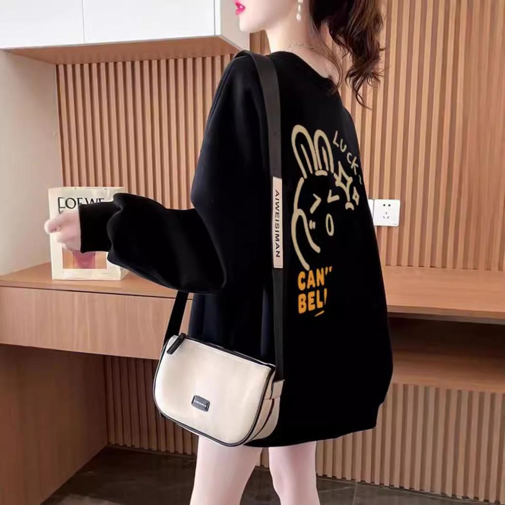 Foreign style age-reducing crew neck sweater for women's Japanese lazy style loose velvet large size cartoon printing