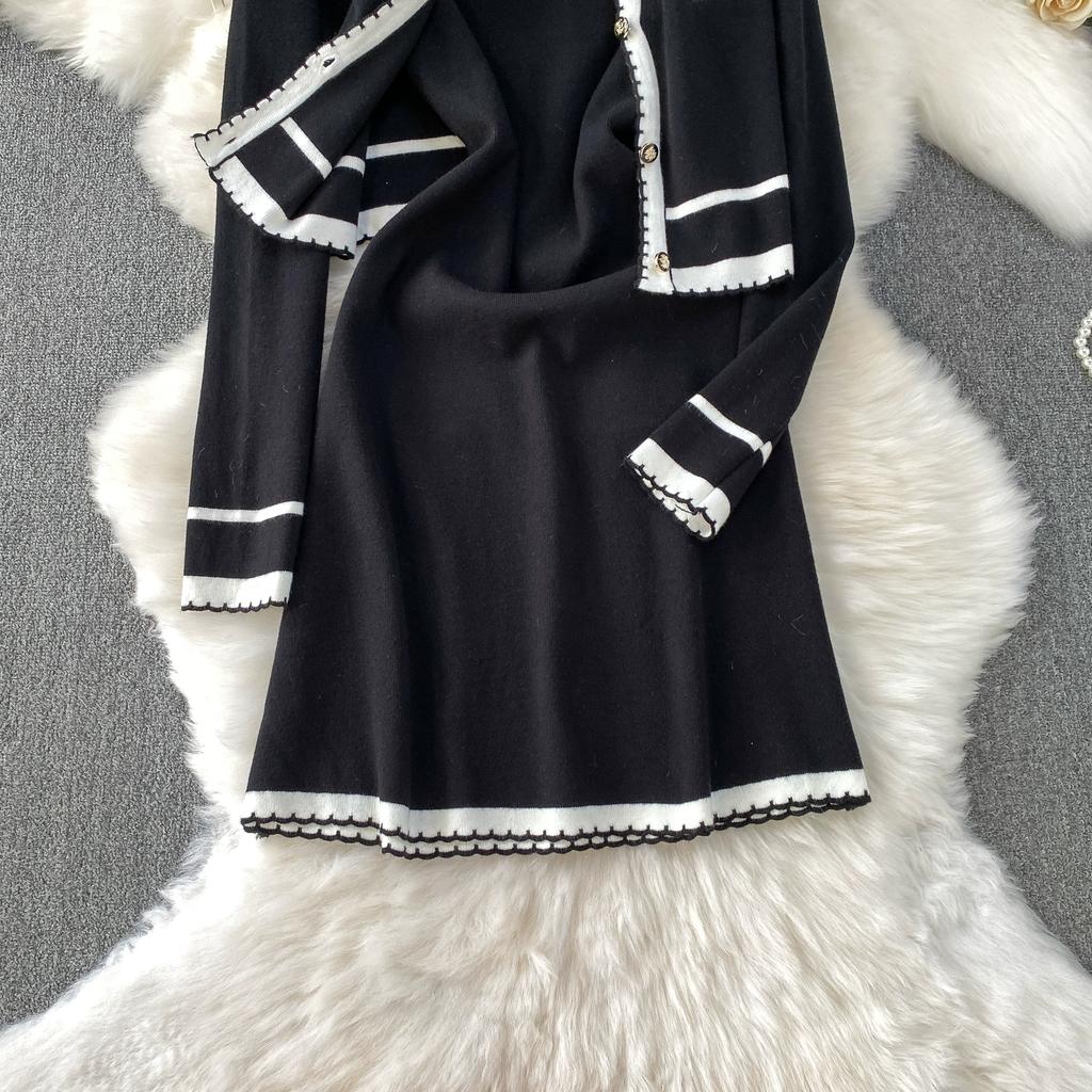 Autumn Winter Women Casual Knitted Sweater Two Piece Set Single Breasted Cardigans Top and Mini Short Slim Bodycon Dresses Suit