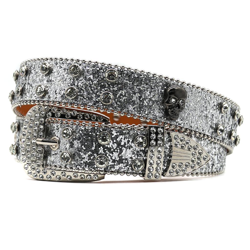 PU Leather Wide Belt Western Crystal Rhinestone Inlaid Skeleton Accessories Zinc Alloy Button Hip Hop Punk Trendy Women's 3.5cm