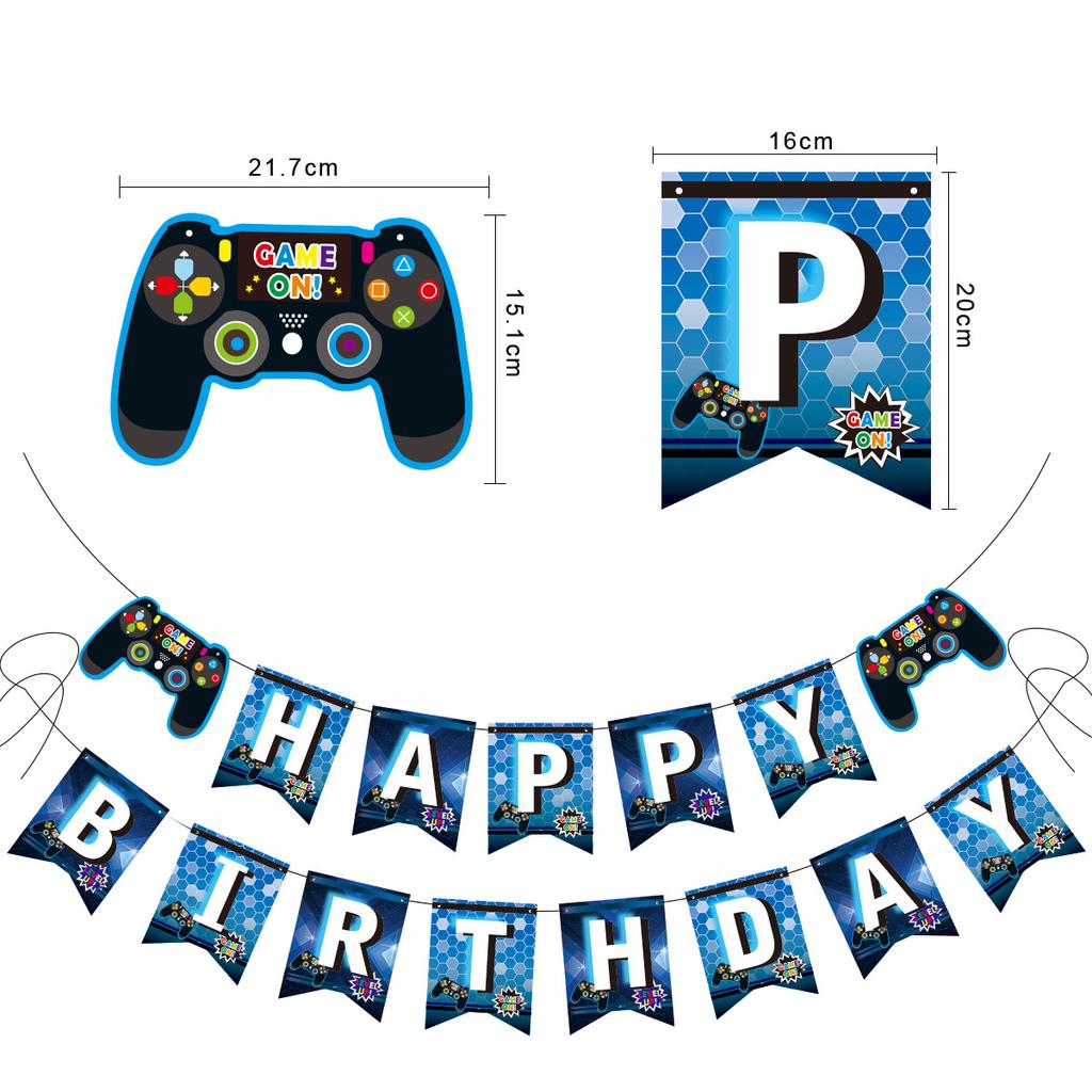 Gamepad Birthday Pull Flag GAME ON theme Happy Birthday Party Children Holiday Gift Decorated Banner Blue Game Dpiral Ribbon