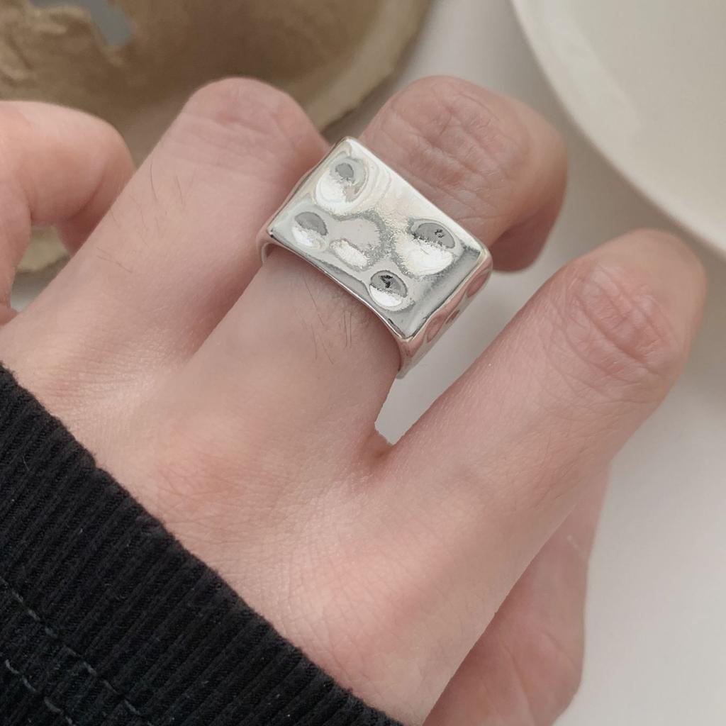 PANJBJ 925 Silver Frosting Geometry Ring for Women Wide Texture Versatile Handmade Ins Jewelry Gift
