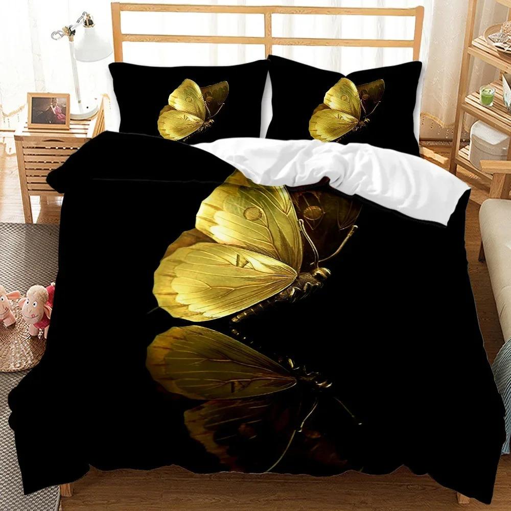 Golden Butterfly Påslakanset KingQueen Storlek, Vackert Blått Fjäril Sängkläder Set Kvinnor Insekt Polyester Täcke Överdrag