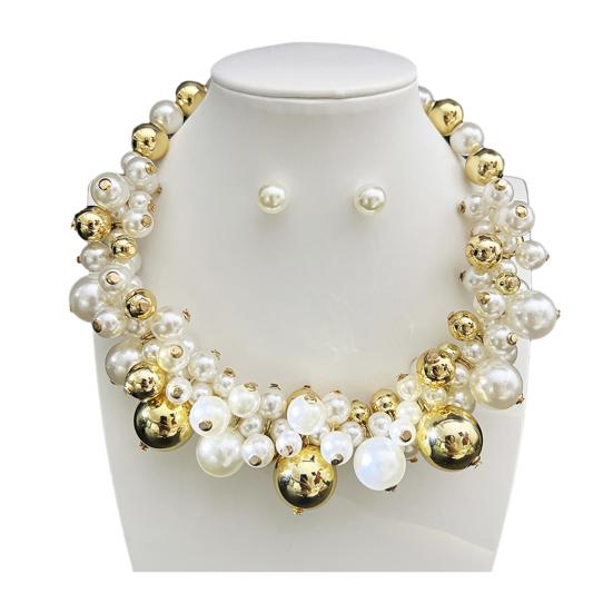 Vintage Faux Pearl Necklace 1 Set Chunky Jewelry, Beaded Choker And V-neck Accessory Earrings, Metallic for Women Dinner Parties Wedding Statement