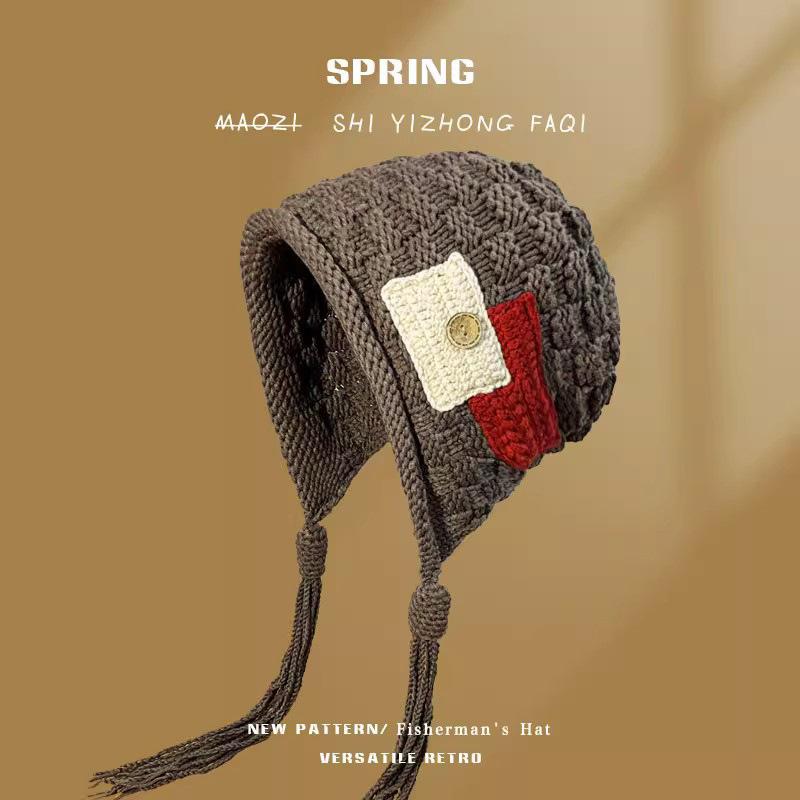 Trendy fringed warm hat women's autumn and winter handknitted pullover wool hat versatile ear protection hat tide