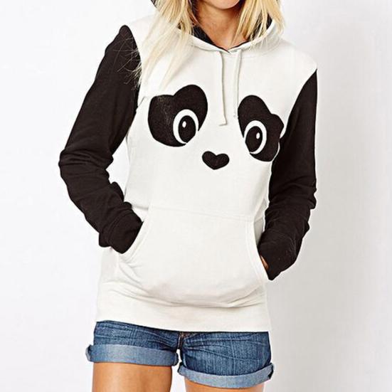 Women Panda Print Long Sleeve Heaps Collar Hoodies Hooded Pullover Sweatshirt