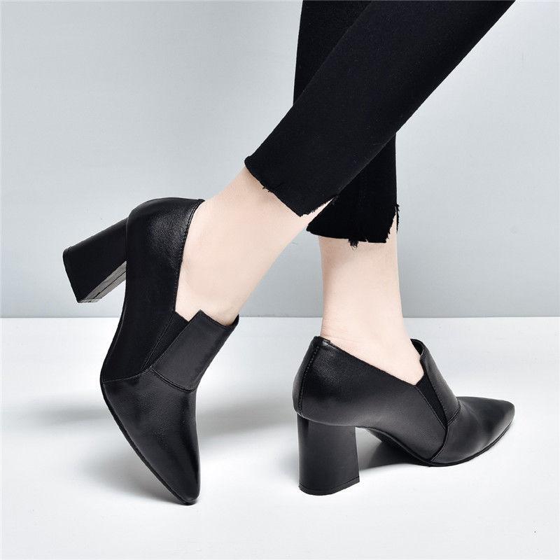 Pointed Thick Heel Single Shoes Women's Spring 2025 New Deep Mouth High Heel Comfortable Simple Versatile Foreign Style Small Leather Shoes Single