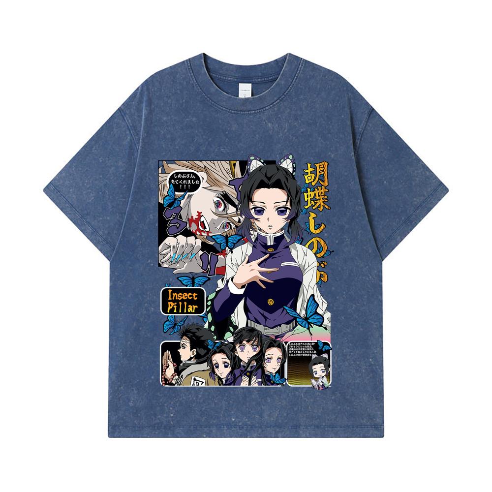 275 GSM Washed T-shirts 100% Cotton Demon Slayer V16 Shinobu Print Unisex Heavy Cotton T Shirt