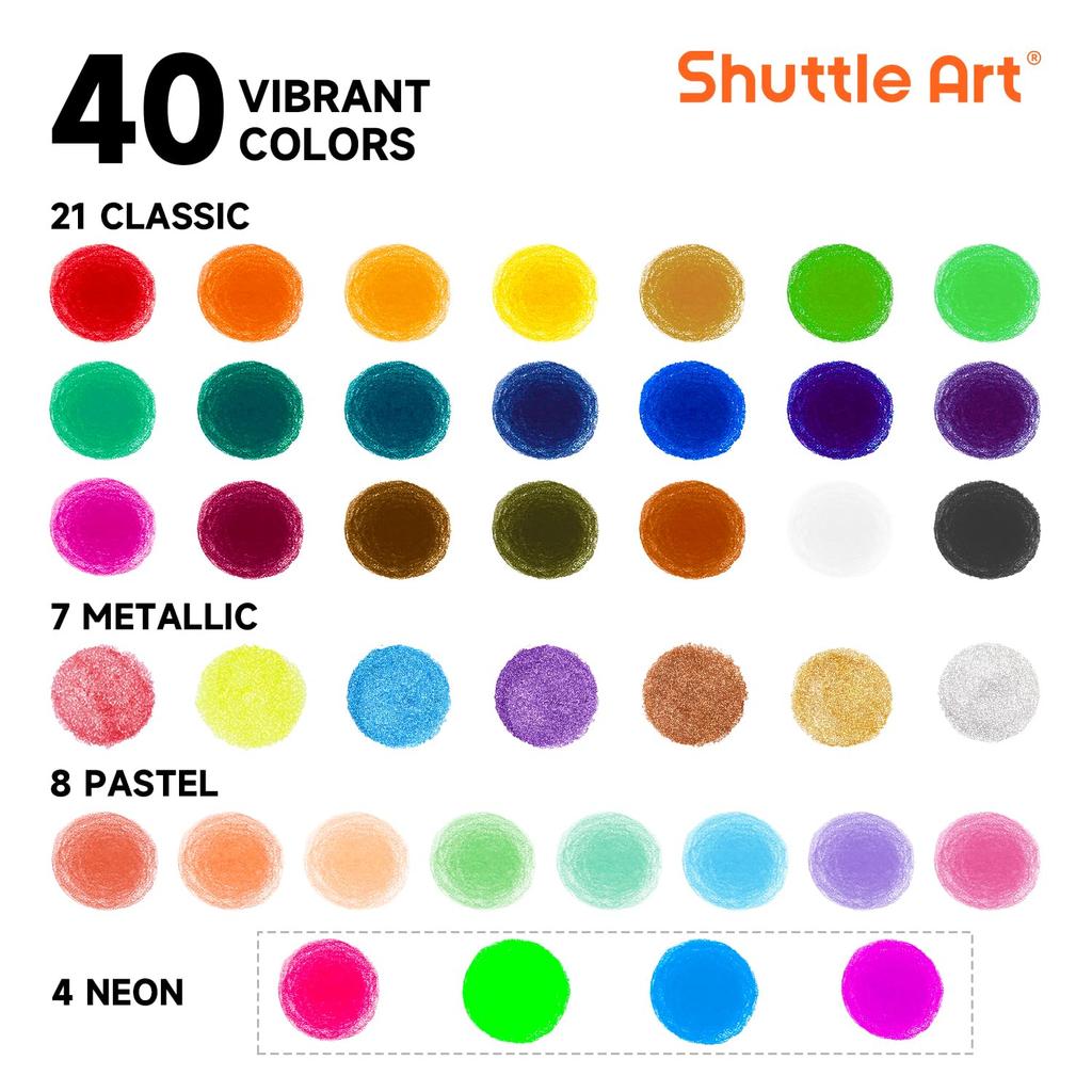 Shuttle Art Tempera Crayon Set of 40 Colors, Pastel, Metallic, and Neon Colors, Quick Drying, Removable with Water, Tempera Paint Stick, Retractable,