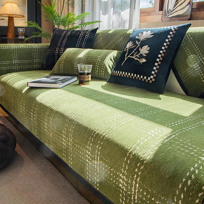 Chenille Sofa Couch Cover Solid Color Square Grid Couch Covers Washable Anti-Slip Sofa Slipcover Stain Resistant Sofa Cushion