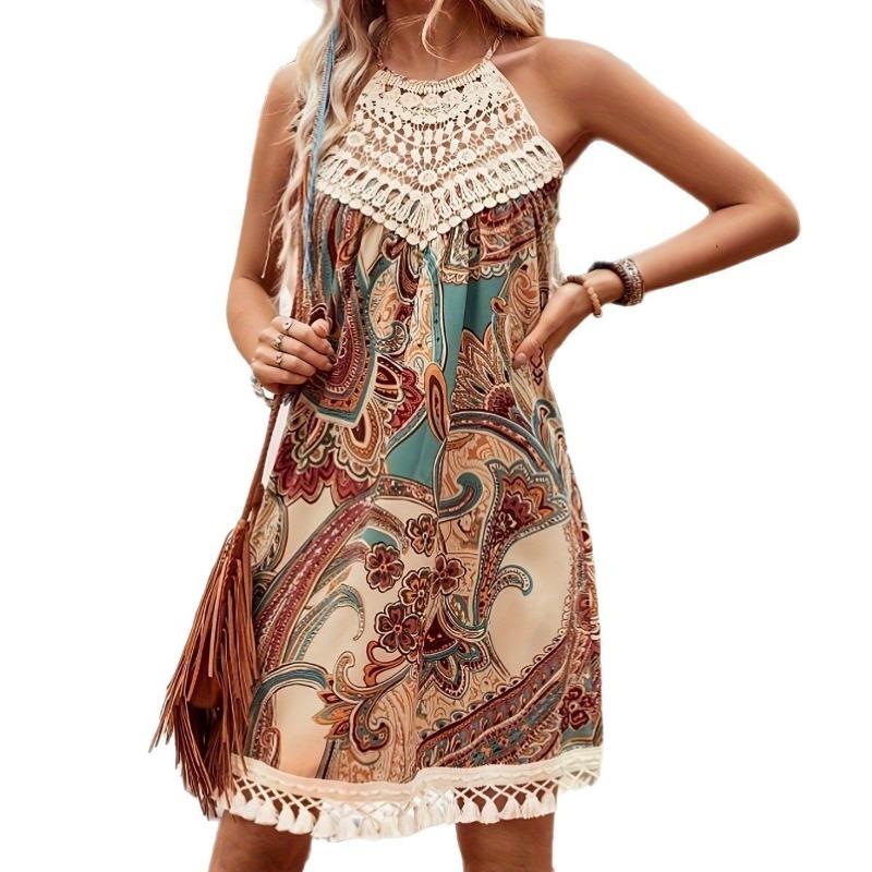 Summer Sleeveless Sweet Printed Lace Short Dress Elegant Fashion Loose Tassel A-line Party Holiday Dresses Tank Casual Simple Clothing