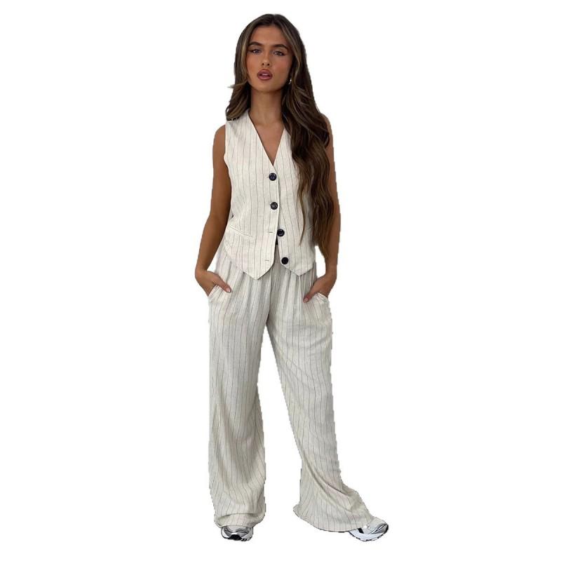 Womens Striped Vest Pants Set 2026 Casual Two-Piece Outfit Linen Viscose Blend