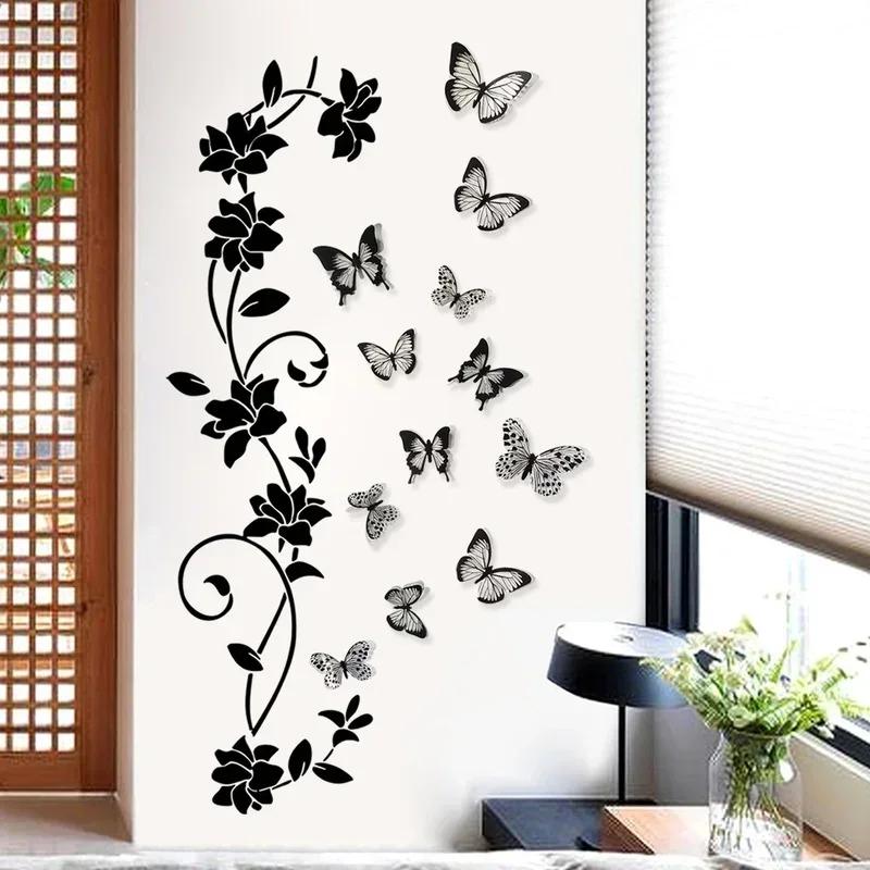 Home Decor Black Flower Rattan 3D Butterfly Wall Stickers Living Room Background Room Wall Stickers Dark Style