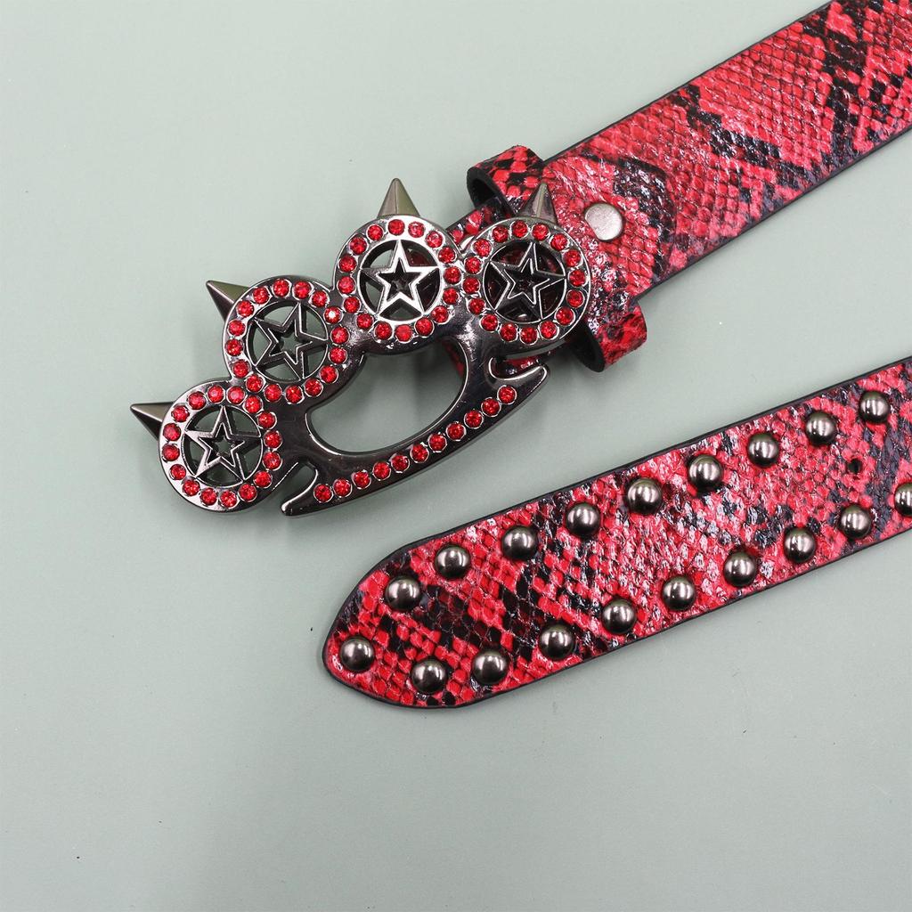 Rhinestone Tiger Claw Buckle Belt - Y2K Punk Rivet Women's Snake Skin Belt