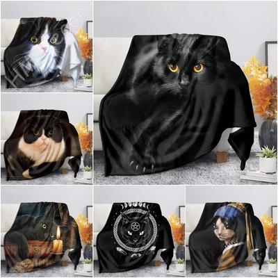 Siyah Kedi 3D Baskı Kadife Peluş Atış Polar Battaniyeler Yatak Örtüsü Şerpa Battaniye Kanepe Yatak Koltuk Yorgan Örtüsü Yetişkinler Gençler Çocuklar için