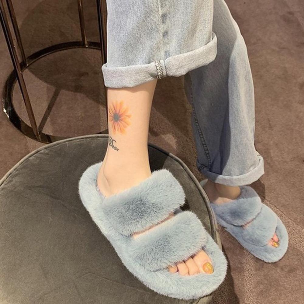 Damen Weiche Plüsch Doppelriemen Hausschuhe Fell Gemütliche Winter Pantoletten