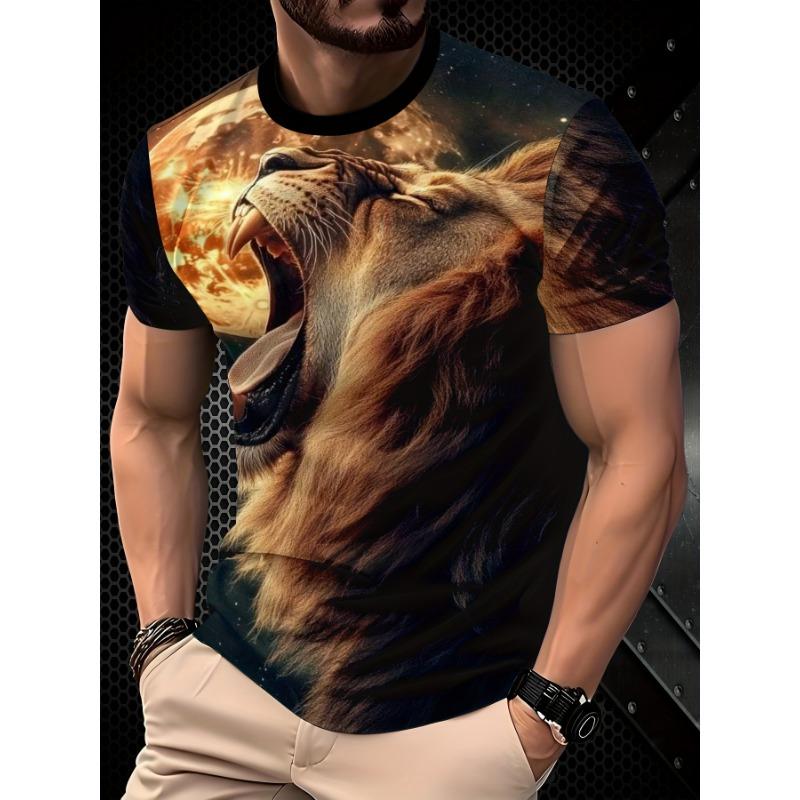 Men's Lion T-Shirt Roaring Wild Animal 3D Galaxy Graphic Printed Casual Short Sleeve O-Neck Pullover Streetwear Summer Tee Tops Male Clothing