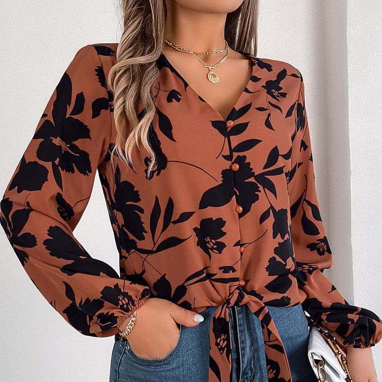 Women V-Neck Long Sleeve Blouse Stylish Print Shirt for Spring Autumn Season