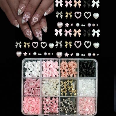 1set 3D Bowknot Nail Charms Mixed Resin Pearls Nail Art Decor DIY Manicure Craft Accessories with Pen&Tweezers