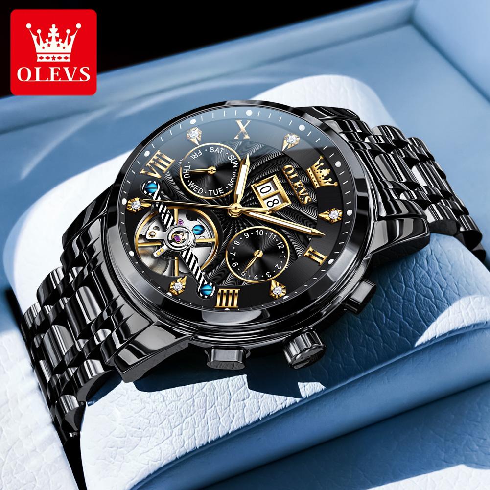 OLEVS 9910 Watch For Men Luxury Waterproof Mechanical Man Watch Stainless Steel Hollow Skeleton Calendar Automatic Hand Clock