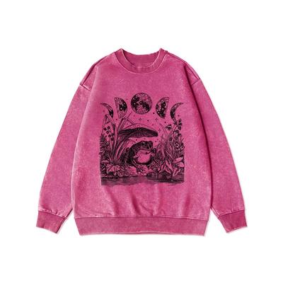 Cute Cottagecore Aesthetic Frog Mushroom Moon Witchy Printed Washed Cotton Hoody Thin Style Loose Tracksuit