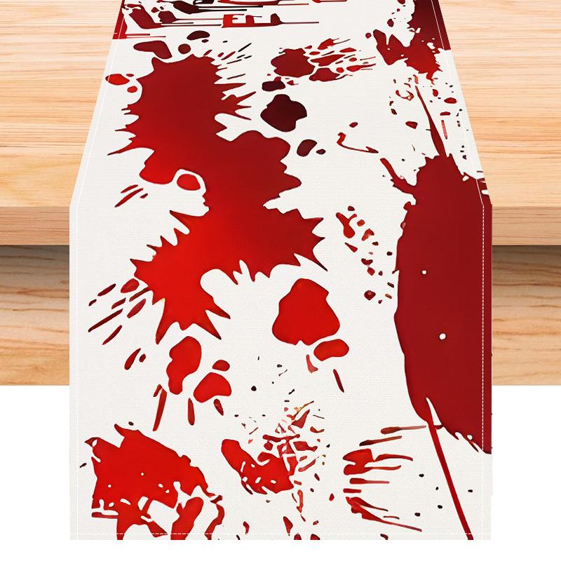 1pc Red White Halloween Table Runner Blood Fingerprint Pattern Dustproof Durable Tablecloth for Halloween Theme Party Decoration
