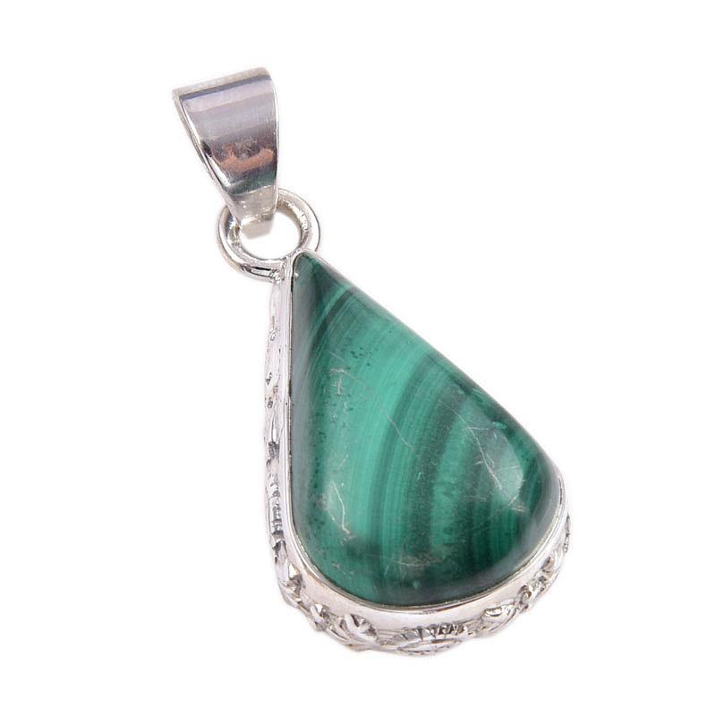 Naturalny Kamień Malachitowy Ręcznie Robiony Wisiorek z Solidnego Srebra Sterlingowego Próby 925 1,5'' D5p23