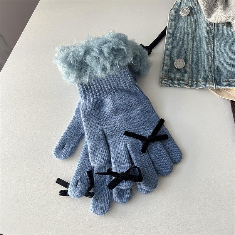 

Новые плюшевые манжеты вязаные перчатки с пятью пальцами для девочек зимние теплые сенсорные милые перчатки с бантом one size fits all небесно-голубой