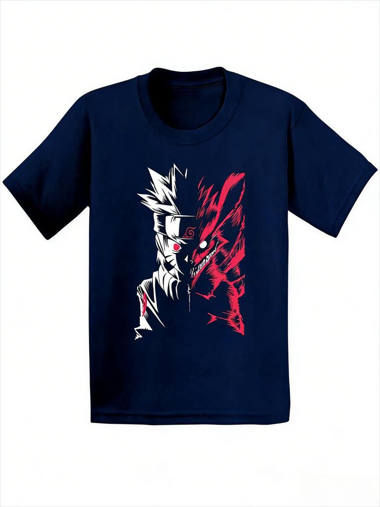 Naruto Neunschwänziger Geteilter Stil T-Shirt für Herren mit Anime-Muster Aufdruck Kurzarm Mode Hohe Qualität Trendiges Baumwoll Oberteil