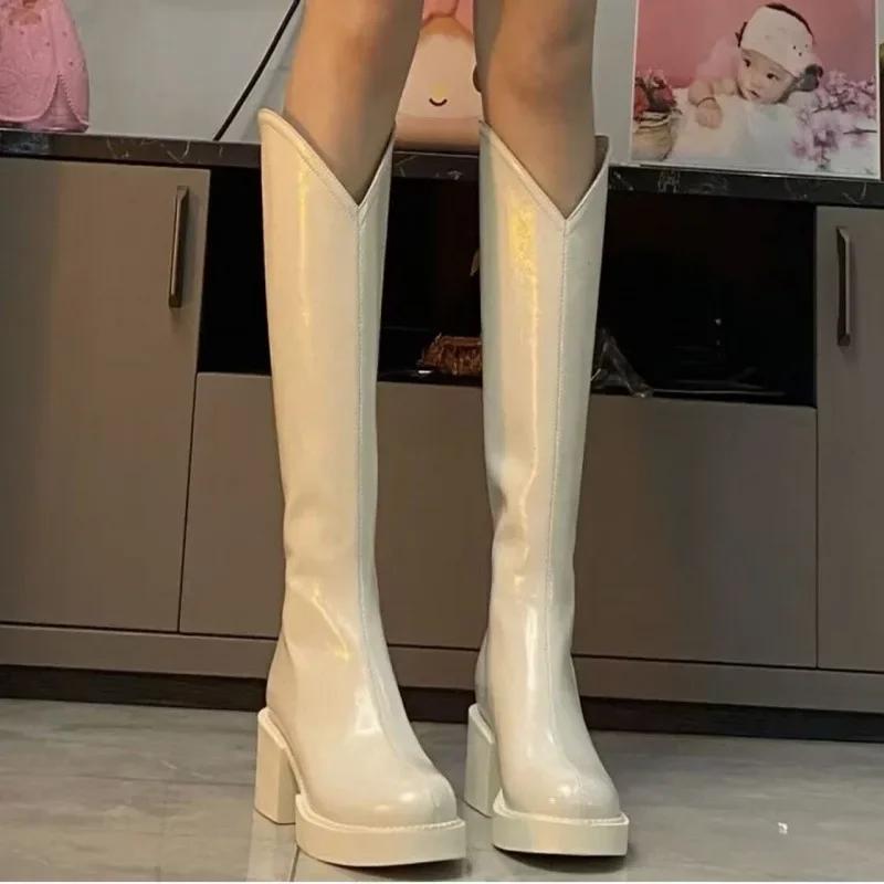 Bílé Dámské dlouhé kozačky Vysoký podpatek Silná podrážka ve tvaru V Rytířské kozačky pro hubnutí nohou Drobná lýtka Módní obuv